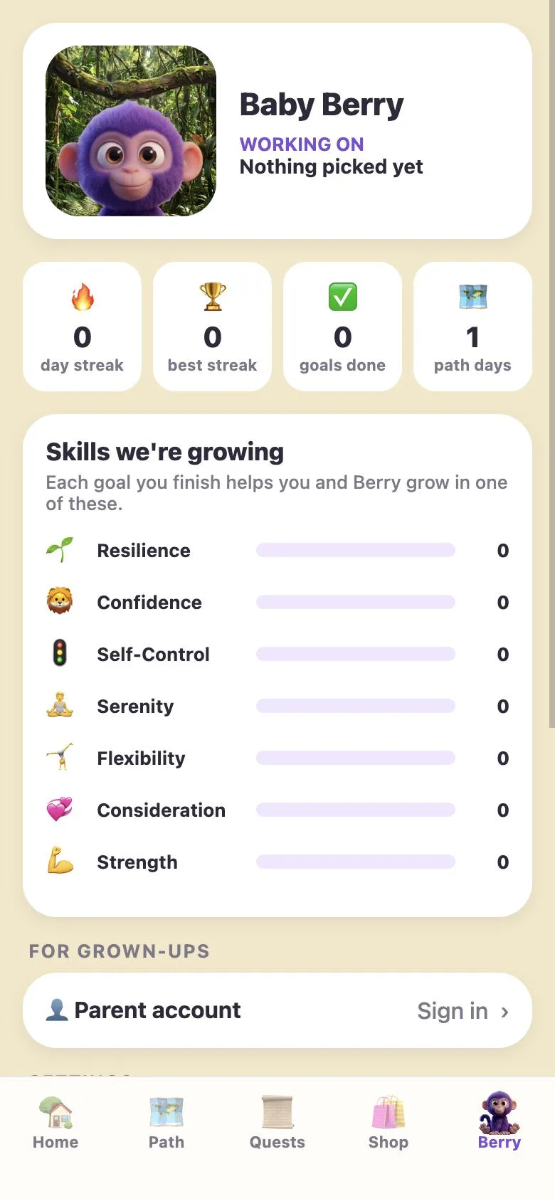 Berry's page showing streaks and seven skills growing