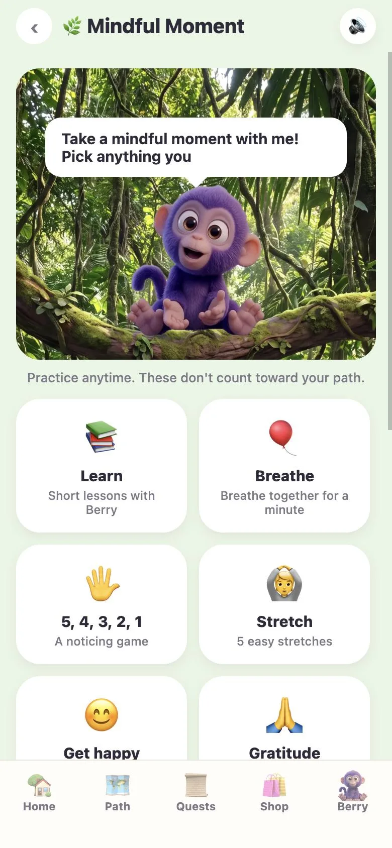 Mindful Moment screen with Learn, Breathe, 5-4-3-2-1, Stretch, Get happy and Gratitude