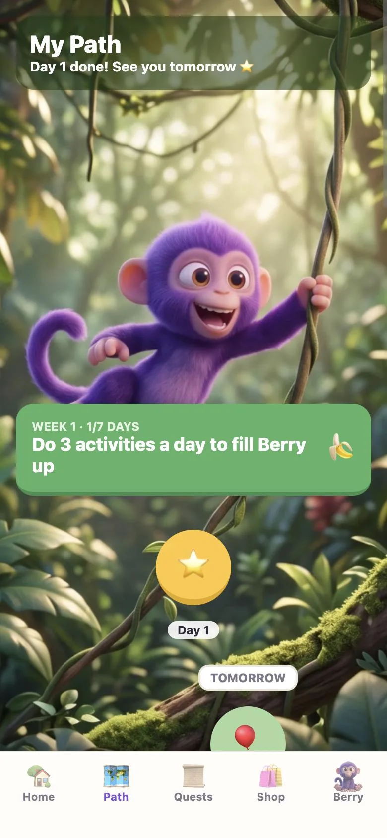 My Path screen: Berry swinging on a vine above the day 1 star